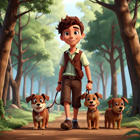 Draw Pedro, a smiling boy with brown hair, holding his faithful friend, Bolt, the dog, as they walk through the forest together.