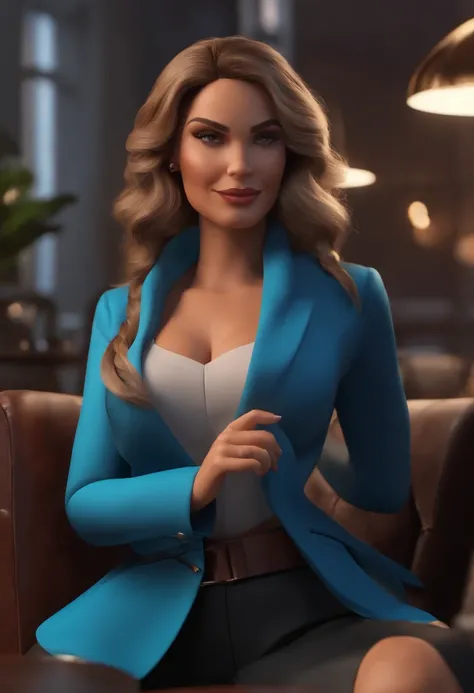 Personagem de desenho animado de uma mulher morena de cabelos longos e cacheados, thick lips, vestindo blazer curto azul com shorts formal, um personagem animado, Caractere estilizado, animation style rendering, 3D estilizado, Arnold Maya render, 3 d rende...