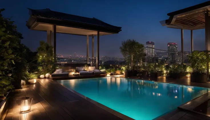 (((Tokyo at night)),((Super luxury tower condominium)),The stunning night view is super beautiful.,((The outdoor living room on the hill is a large open veranda)),Moody peppermint blue pool,((A strong blue light lit up from the bottom of the pool envelops ...