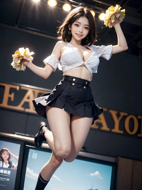 (View from below:1.3),Smile full of happiness、Expression in a state of excitement、yawning being、panting、Looks happy、dark brown short hair、eye glass、(8K、RAW Photos、top-quality、masterpiece:1.2)、(realisitic、Photorealsitic:1.37)、女の子1人、japanes、20yr old、femele...
