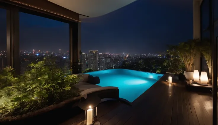 (((tokyo at night)),((Super luxury tower condominium)),The stunning night view is super beautiful.,((The open-air living room on the hill is a large open balcony)),Moody peppermint blue pool,((A strong blue light illuminated from the bottom of the pool sur...