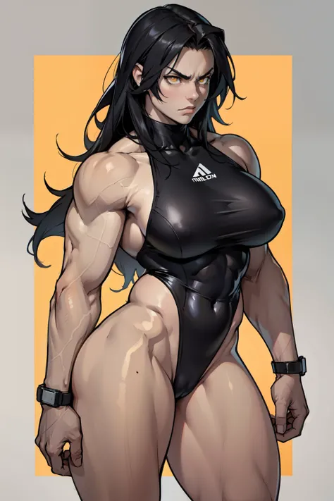 (1girl) pale skin huge breasts (muscular)) toned body thick thighs black hair yellow eyes (skimpy swimsuit long hair grey background) bodybuilder angry