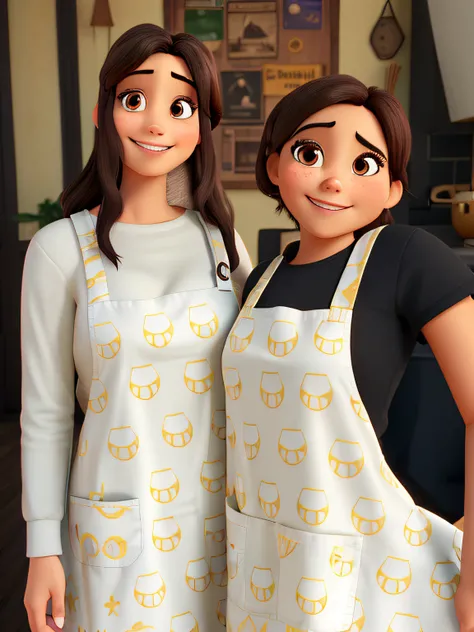 two smiling women with white skin, black eyes and dark brown hair in disney pixar style, high quality, best quality, using apron, use original background from the image