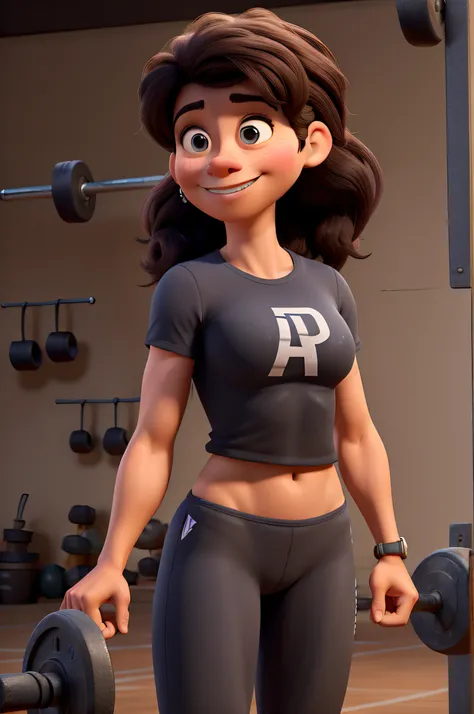 cena de um personagem estilo Disney Pixar, com grandes detalhes e texturas de qualidade. Atleta de crossfit feminino, Praticante de CrossFit, 26 anos, em roupas esportivas pretas, corpo normal, cabelos pretos longos, atletic, but not muscular