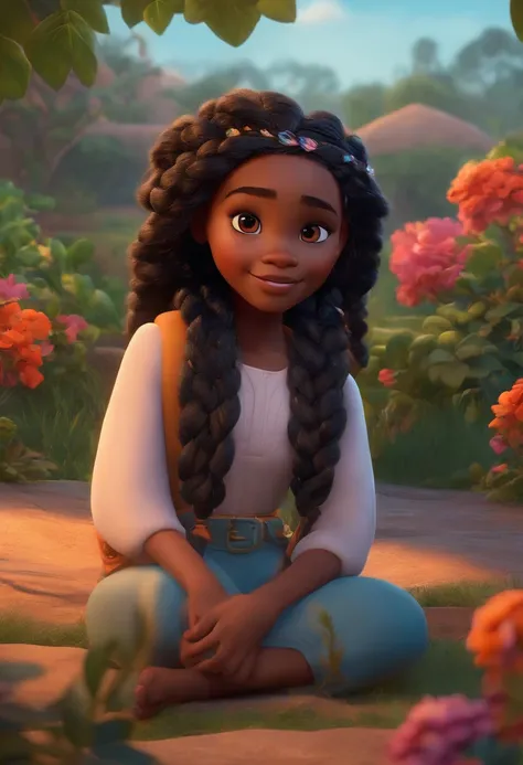 Um filme inspirado na Disney Pixar (YOUNG BLACK GIRL WITH BLACK BRAIDED HAIR,nariz fino,olhos pequenos) dentro A cena estar na arte distinta do estilo PIXAR, descolada e estilosa