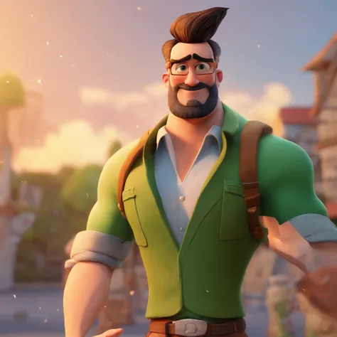 Criar um personagem no estilo Pixar. Trata-se de um homem de 30 anos, com barba, Branco, com cabelos castanhos curtos e um quiff, e olhos castanhos. Ele deve estar na frente de um computador, Trabalhar como designer