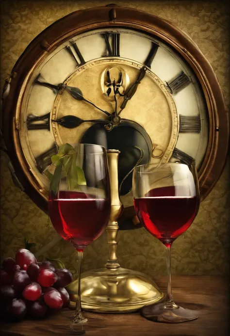 Homem e mulher, a clock with the letter H in place of the numbers, uma seta para a letra G, Wine glasses.