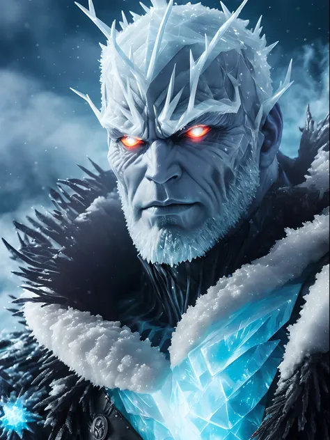 Close-up (Winter theme, scary Ice-man from Marvel in Goth style: 1.3) Frozen land, emerging from the frozen bloody snow, extremely detailed, smoke, sparks, flying debris, volumetric light