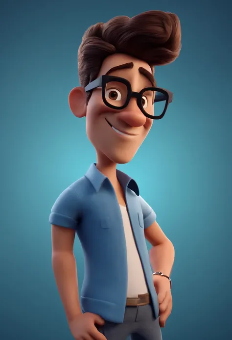 Cartoon character of a man with black glasses and a blue shirt, animation character, Caractere estilizado, animation style rendering, 3D estilizado, Arnold Maya render, 3 d render stylized, toon render keyshot, Personagem 3D, Personagem 3D, 3d rendering st...