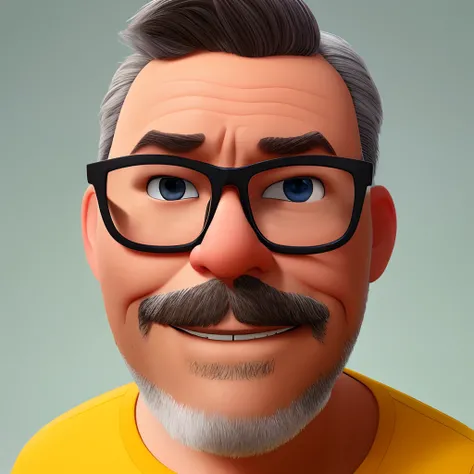 A closeup of a cartoon character with glasses and light brown beard, pixar retrato 8 k foto, close - retrato facial de cima, retrato pixar, Como um personagem da Pixar, cabelos grisalho, bigode grisalho, olhos castanhos. Personagem ideal da Pixar, Anato Fi...