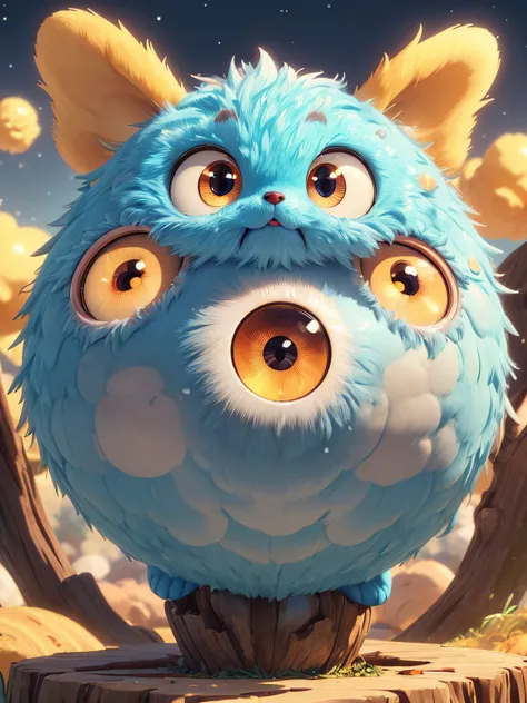 (best quality,ultra-detailed,realistic:1.37),3D-rendered,fluffy,kawaii,round-shaped monster with(big dazzling eyes),floating in mid-air,shimmering brightly,golden.