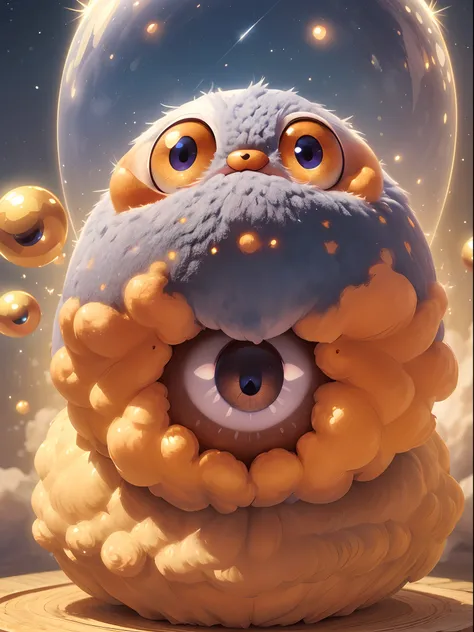 (best quality,ultra-detailed,realistic:1.37),3D-rendered,fluffy,kawaii,round-shaped monster with(big dazzling eyes),floating in mid-air,shimmering brightly,golden.