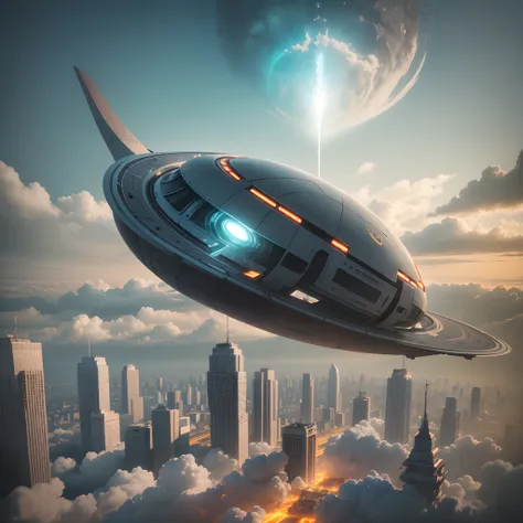 Banana plantation inspired futuristic spaceship flying above a futuristic African city, with iridescent light, cinematic lighting, artgerm style, 32k, ultra HD, unreal engine rendered, hyper-realistic image, octane 3d --auto --s2