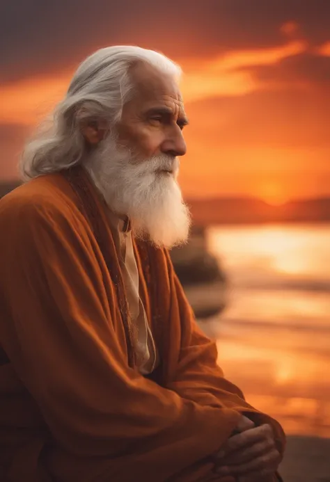 Create a wise man with the appearance of an old man with a beard and long white hair, Old clothes looking at orange sky image in 4k