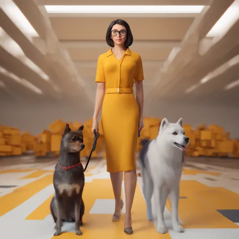 A tall woman with straight, dark brown hair that is high to her neck and wearing glasses accompanied by two small hairy dogs of burnt yellow color in a square