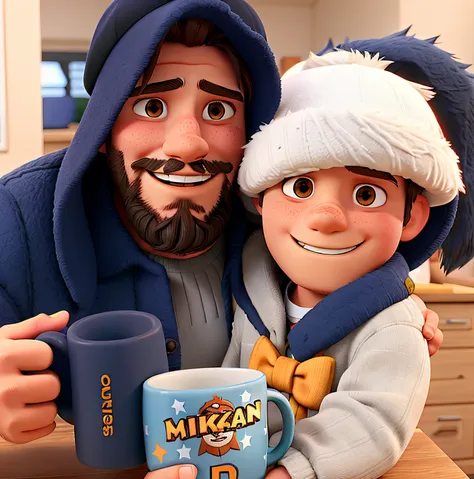 A man with beard and able coat holding a mug and 6 year old boy with a hat in mikey hugging