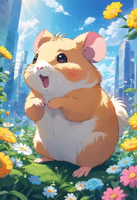 Huge hamster with flowers on its head