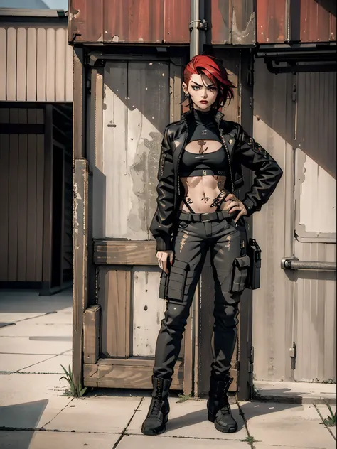 Best quality, masterpiece, ultra high resolution, surrealism, a 25 years old female, perfect body, red sharp lipstick, shaved punk hair, assassin, biker jacket with studs and patches, cargo military pants with boots, seductive looking, dark, perfect skin, ...