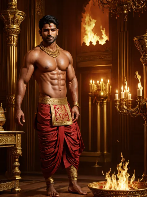 A fantasy image of a robust and handsome man with a raging fire behind him, wearing gold ornaments, shirtless, wearing a red ornate dhoti, standing in a palace, upper body, front view