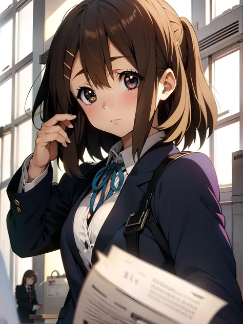 Yui Hirasawa, blushing, uniform, cute anime girl, cleavage