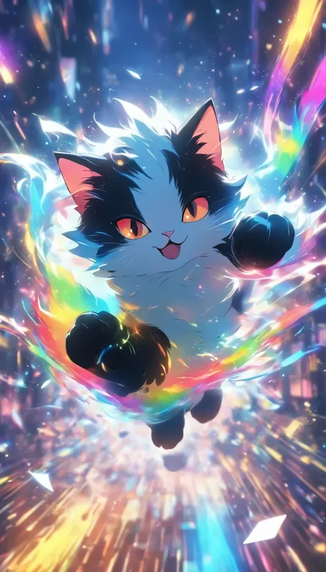 Cartoon Tuxedo Cat, Floating in mid-air, Rainbow Back, high detailing, Cinematic lighting, Motion Blur, color difference, hyper HD, masutepiece, Super Detail, high details, High quality, awardwinning, Best Quality, hight resolution