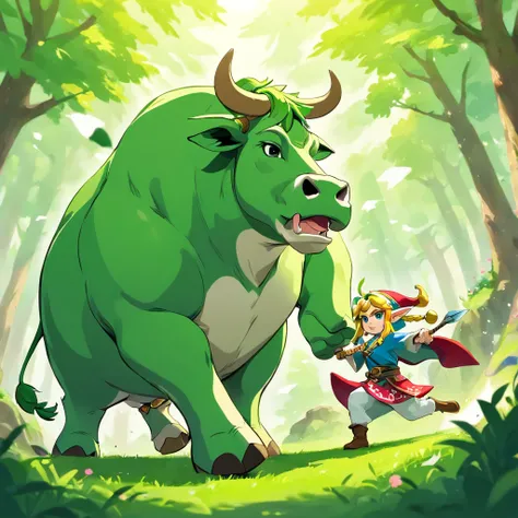 The cow and the green big demon youkai are engaged in a fierce battle