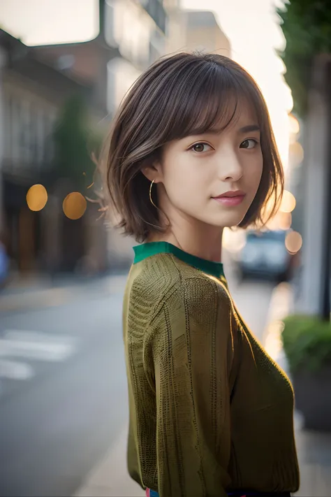 ((top-quality、in 8K、​masterpiece:1.3))、foco nítido:1.2、Beautiful woman perfect body:1.4、Slim abs:1.2、((short-hair、straight haired:1.2))、(Dark green knitwear、denim:1.1)、(Sateen、a street:1.2)、wetbody:1.5、Three-dimensional texture、A detailed eye、Brown hair、Ve...