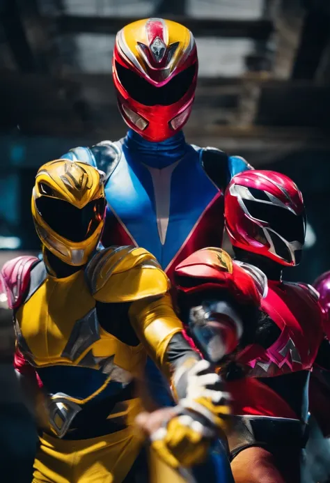 Create an epic image, 4k, 8k, com quatro Power Rangers (Vermelho, azul, rosa e amarela) In a fantastic universe.