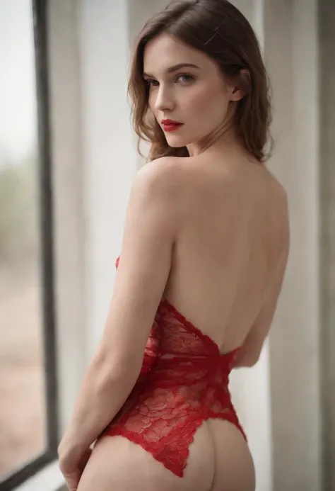 une belle jeune femme portoricaine portant un soutien gorge en dentelle rouge avec string assorti, showing it in its entirety, seins arrondis, grosse fesses