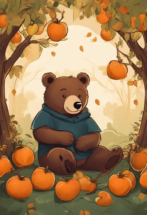 8K，tmasterpiece，high qulity，Cartoon bear，stickfigure，lineworks，illustration，Q version，Under the tree，Sit and eat persimmons