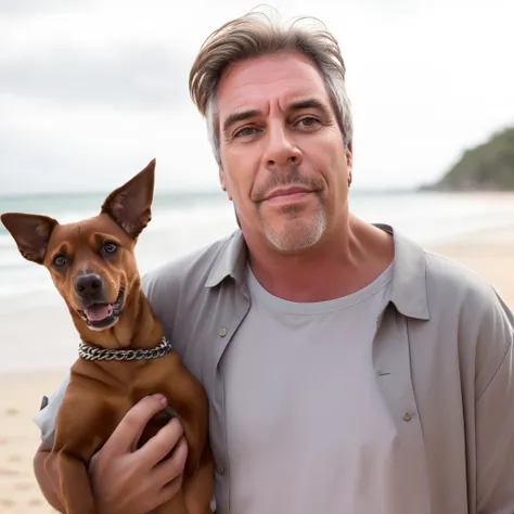 there is a man holding a dog on the beach, Simon Cowell •, with his hyperactive little dog, BoJack Horseman na vida real, Jeffrey Epstein, John Picacio e Brom, patrick nagle, patrick nagle!!, Jeffery Epstein, Directo, jay leno com pele cinzenta, patrick na...