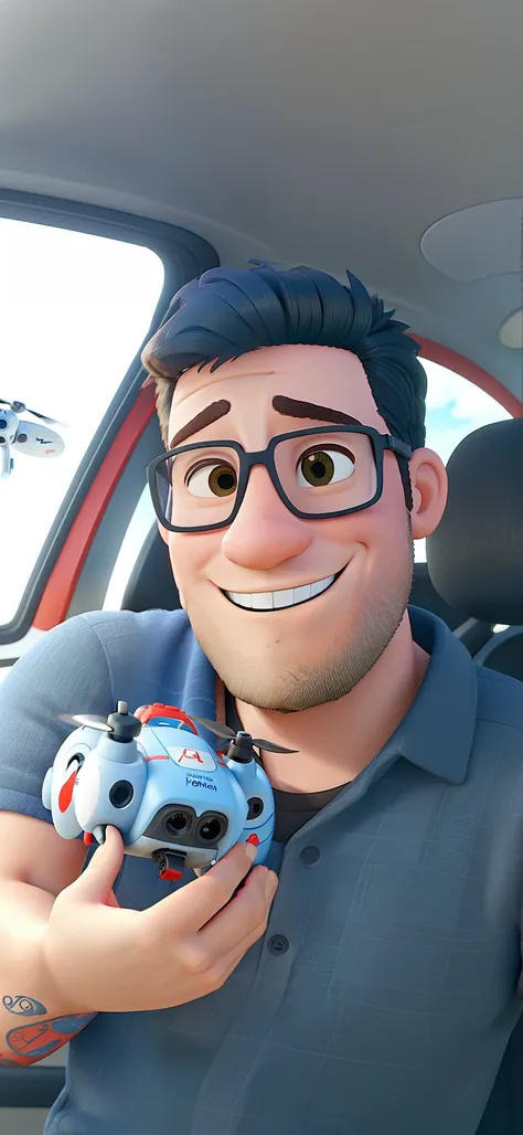 Homem moreno sorrindo com um drone mini 3 a sua frente, estilo Disney Pixar, alta qualidade, melhor qualidade