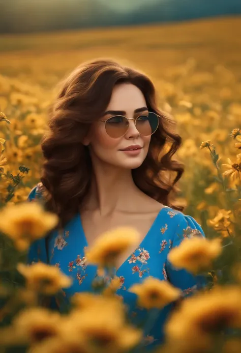 Pixar style image with 3D character gold glasses brunette woman medium wavy brown hair, wearing a blue dress, in a field of flowers, Maquiagem Disney,fofo, adolable, sorridente ,Close-up, Pixar, Disney, Cinema lighting,