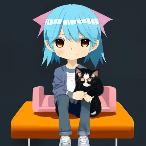 anime style boy in a soft art and with a kind look, 17 years old blue hair long straight hair, y2k clothes, just him sitting in a chair petting a black kitten