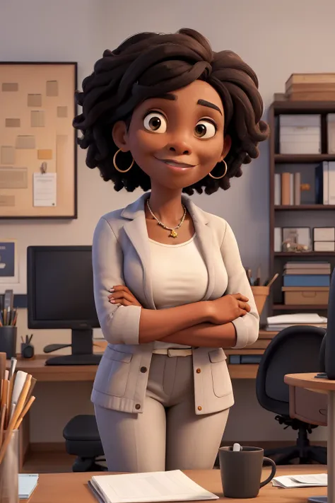 masterpiece, best quality ,Portrait of mid adult successful black mature woman looking at camera with arms crossed. Smiling african american business woman standing in new office .Portrait of mature woman.