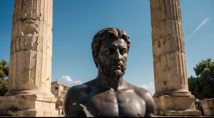 Ancient Stoic Statue With Very Angry Expression, tem barba, muitos detalhes em ambos os olhos, Outside, fundo atenas grego, open sky, com rosto extremamente detalhado full body view, Colors with low saturation with dark tone, Filmado em Sony A7S III com So...