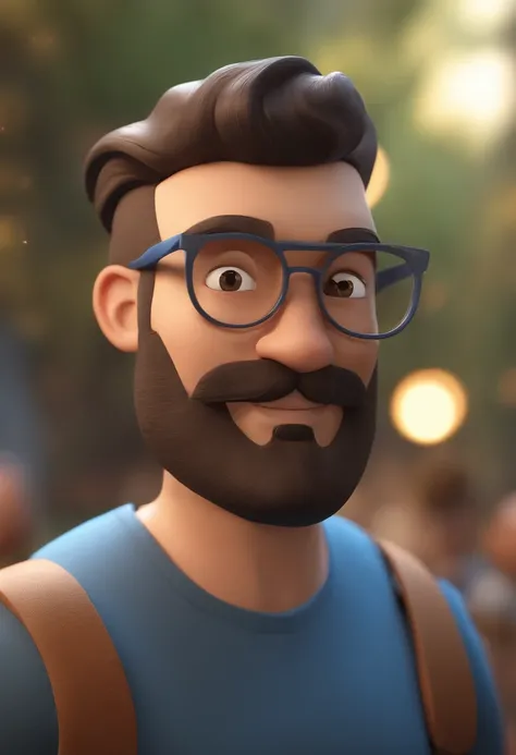 Personagem de desenho animado de um homem dj, gordinho, Bald man with beard with prescription glasses and a blue t-shirt, caixas de som, animation character, Caractere estilizado, animation style rendering, 3D estilizado, Arnold Maya render, 3 d render sty...