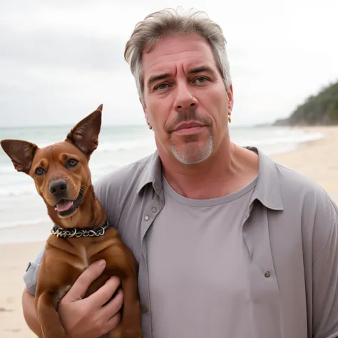 qualidade de imagem do filme，Disney Animation Style,there is a man holding a dog on the beach, Simon Cowell •, with his hyperactive little dog, BoJack Horseman na vida real, Jeffrey Epstein, John Picacio e Brom, patrick nagle, patrick nagle!!, Jeffery Epst...