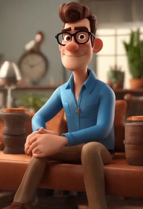 personagem dos desenhos animados de um homem, phtograph, cabelo raspado, barba curta, with black glasses and a blue shirt, segurando camera, animation character, Caractere estilizado, animation style rendering, 3D estilizado, Arnold Maya render, 3 d render...