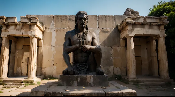 Ancient Stoic Statue With Very Angry Expression, tem barba, muitos detalhes em ambos os olhos, Outside, fundo atenas grego, open sky, com rosto extremamente detalhado full body view, Colors with low saturation with dark tone, Filmado em Sony A7S III com So...