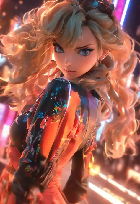 Anime - Stylistic image of a woman in a dress and a leather jacket, Usar auriculares, Renderizado fotorrealista de chicas de anime, CG arte anime suave, Estilo de anime 3D realista, Anime Big Breast. Soft lighting, Arte de anime realista, Arte de anime dig...