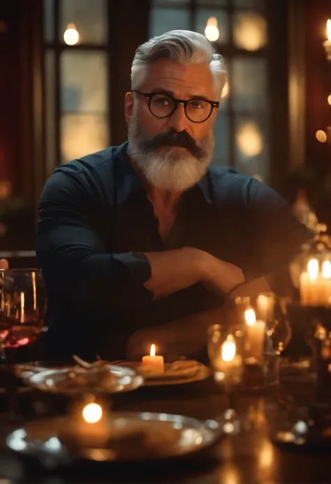 (best quality,highres,masterpiece:1.2),Disney Pixar-style poster, white sexy man, 50 years old, gray hair, black beard, glasses, muscular, with background in a candlelit restaurant