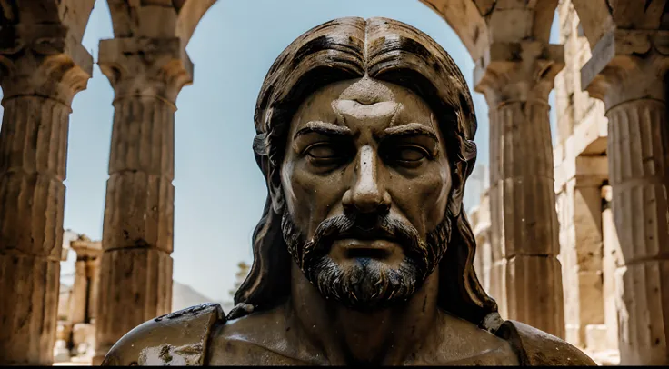 Ancient Stoic Statue With Very Angry Expression, tem barba, muitos detalhes em ambos os olhos, Outside, fundo atenas grego, open sky, com rosto extremamente detalhado full body view, Colors with low saturation with dark tone, Filmado em Sony A7S III com So...