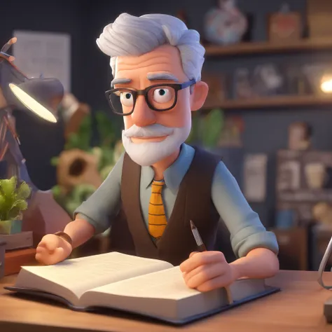 Crie um cartaz inspirado na Disney Pixar com o personagem sendo , A gray-haired young man wearing glasses, rosto quadrado com barba, In an office with a book on the desk