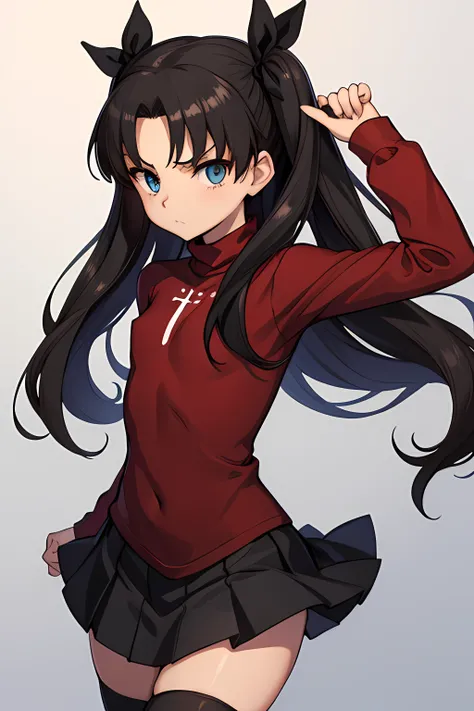 1girl, cute, ((kids, flat chested, cute, loli, petite)), rintohsaka, rin tohsaka, aqua eyes, black hair, hair ribbon, long hair, ribbon, sidelocks, two side up, black skirt, black thighhighs, long sleeves, miniskirt, pleated skirt, ((red sweater)), skirt, ...