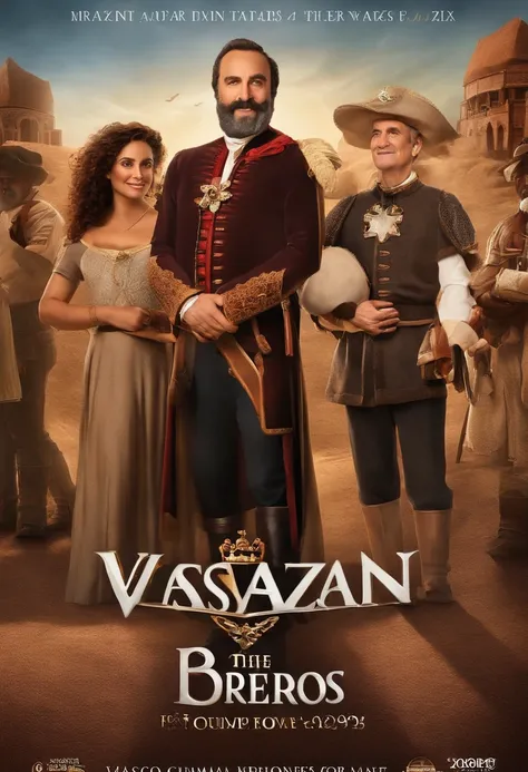 filme Marketing 2023 estilo filmes Pixar, Com nome "VASCO DA GAMA", poster, Com cabelos curtos morenos mais claros e uma camiseta PRETA com uma faixa diagonal branca e uma ◤✠◢ de maktana frente dos braços cruzados.