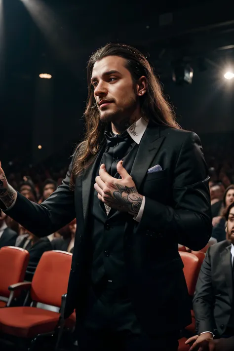 Em um palco deslumbrantemente iluminado, A comedian with long hair and impressive tattoos on his hands and arms is performing. He is dressed in an elegant suit that highlights his charismatic presence. No fundo da imagem, uma plateia extensa e animada ri c...