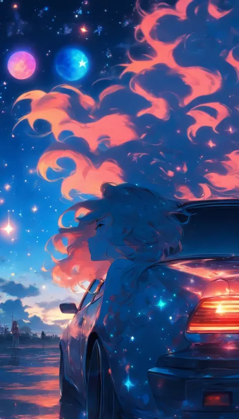 Woman leaning against a car. Long hair. Sad expression. Profile. Fantastic sky. A clear sky. Floating stars and planets. Fantastic. High quality down to the smallest detail. Fantastic landscapes . People far away