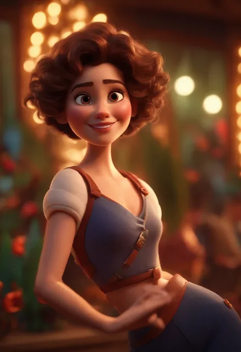 Pixar style image with 3D character white glasses brunette woman short curly hair dancing, Maquiagem Disney,Pescador, bonitinho, sorridente ,Close-up, Pixar, Disney, Cinema lighting,