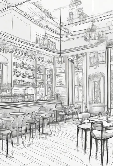 livingroom, line art, scetch sketch artstyle A line art drawing of a French coffee shop interior with minimalist architecture, ((monochrome)), ((sketch)), line art, masterpiece, best quality, (((storyboard))).